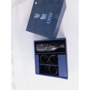 Kafuh Sake Set Japan Ceramic Bottle 3 Cups Kanji Gift Box Japanese Drinkware